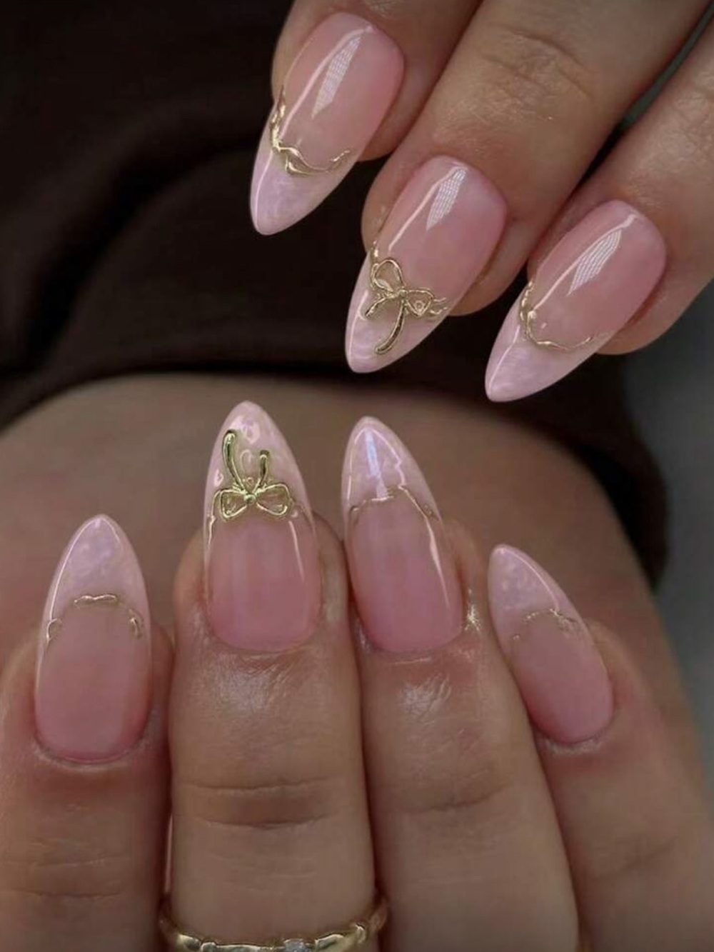 Nude Pink Almond Press on Nail Set with Gold Accent